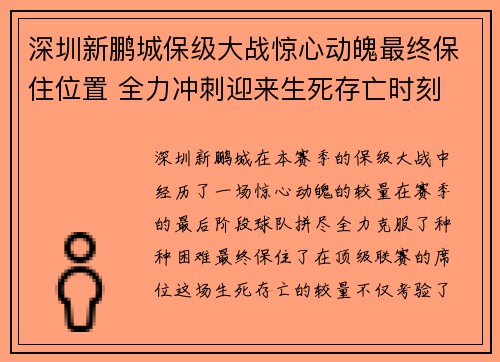 深圳新鹏城保级大战惊心动魄最终保住位置 全力冲刺迎来生死存亡时刻