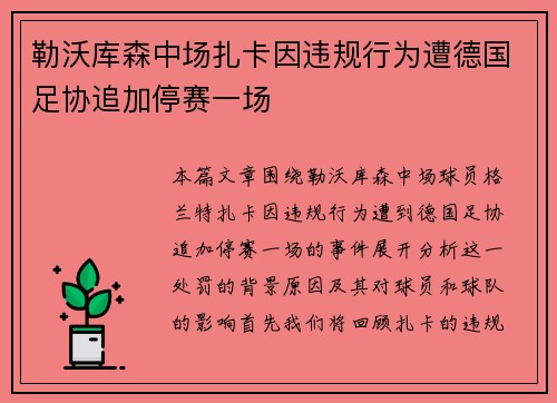 勒沃库森中场扎卡因违规行为遭德国足协追加停赛一场 勒沃库森中场扎卡因违规行为遭德国足协追加停赛一场