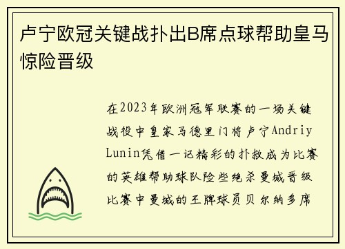 卢宁欧冠关键战扑出B席点球帮助皇马惊险晋级